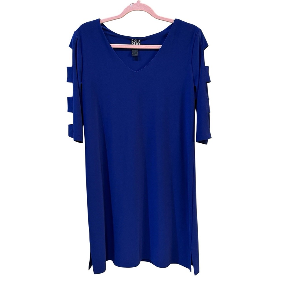 Clara Sun Woo Sheath Dress Royal Blue Jersey Stretch Open Sleeve Size Large Slit - Picture 10 of 10